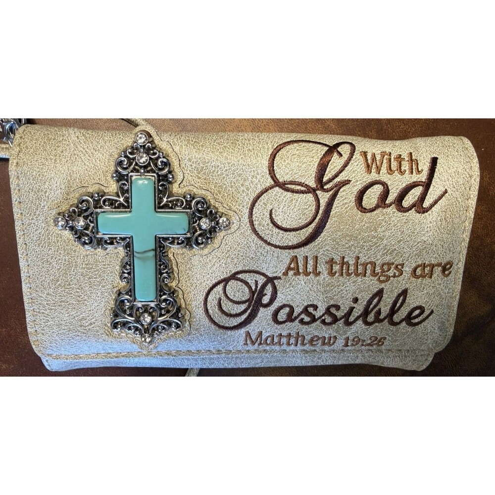 Western Turquoise Cross Metal Studded Crossbody Wallet Matthew 19:26 Y2K Bling